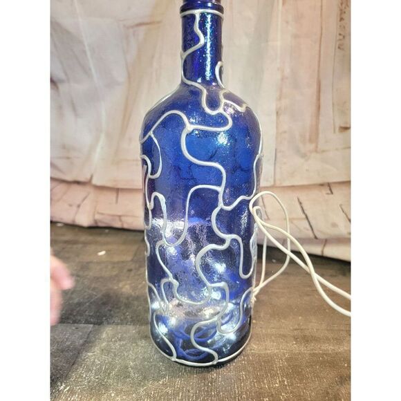 Large Blue Glass glitter handmade lighted bottle home decor - Picture 5 of 8